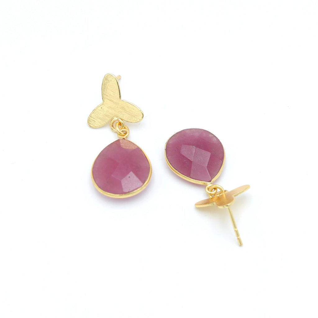 Handmade Dua Pink Jade Flower Pear Drop Earrings 18K Gold Plated Brass Trendy Elegant Natural Gemstone Women's Wedding Jewelry