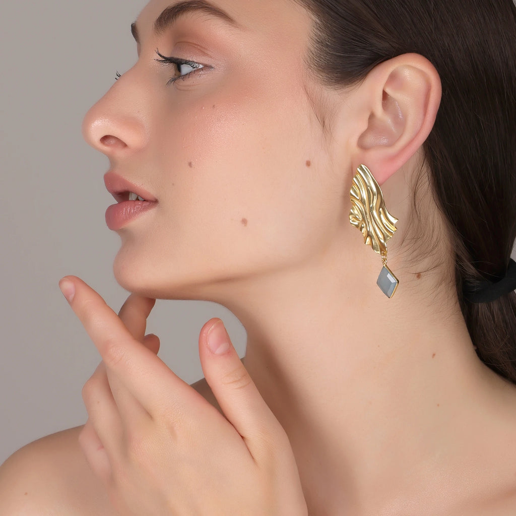 DUA Handmade Blue Chalcedony Diamond Drop Earrings | 18K Gold Plated Brass Women's Jewelry | Trendy Wedding
