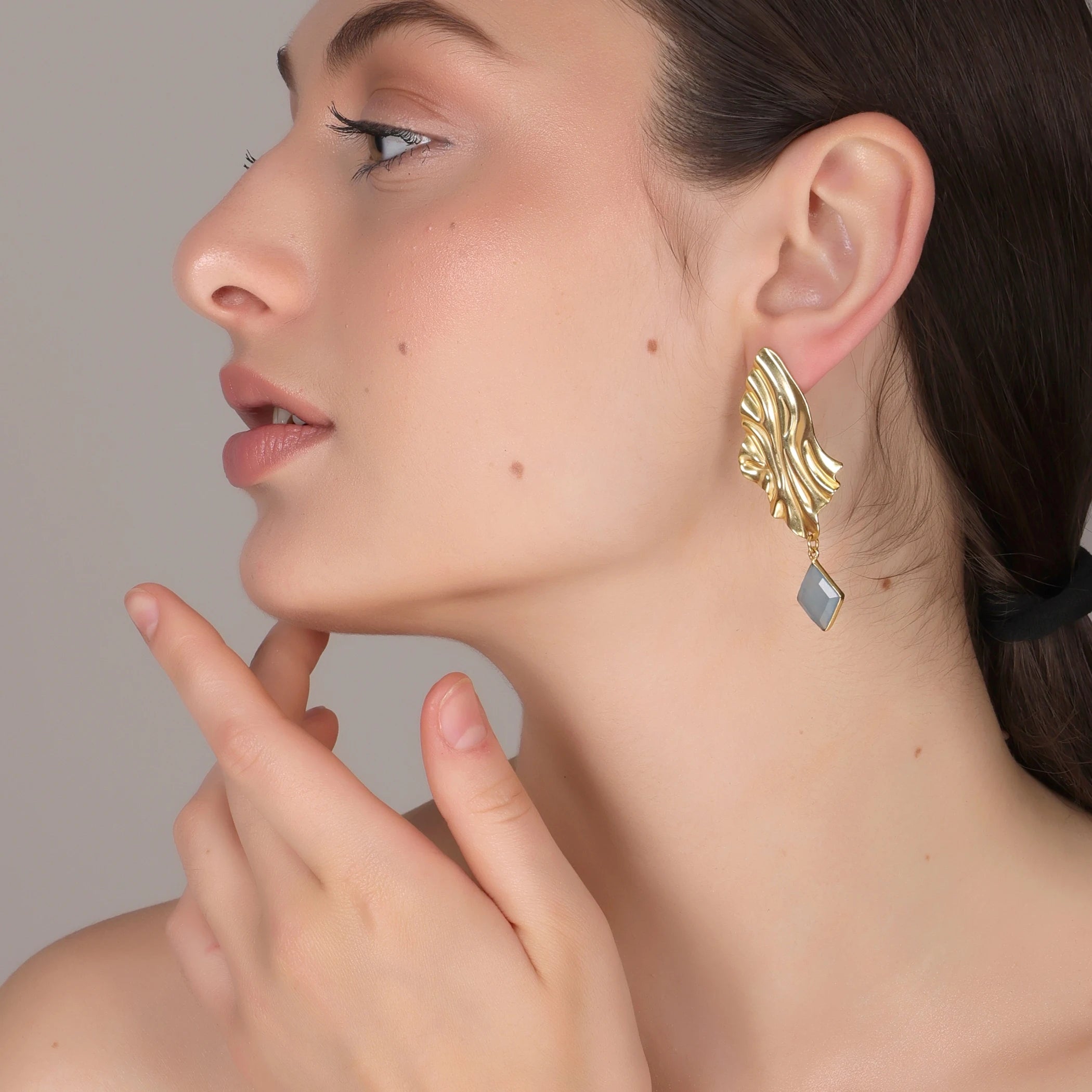 DUA Handmade Blue Chalcedony Diamond Drop Earrings | 18K Gold Plated Brass Women's Jewelry | Trendy Wedding