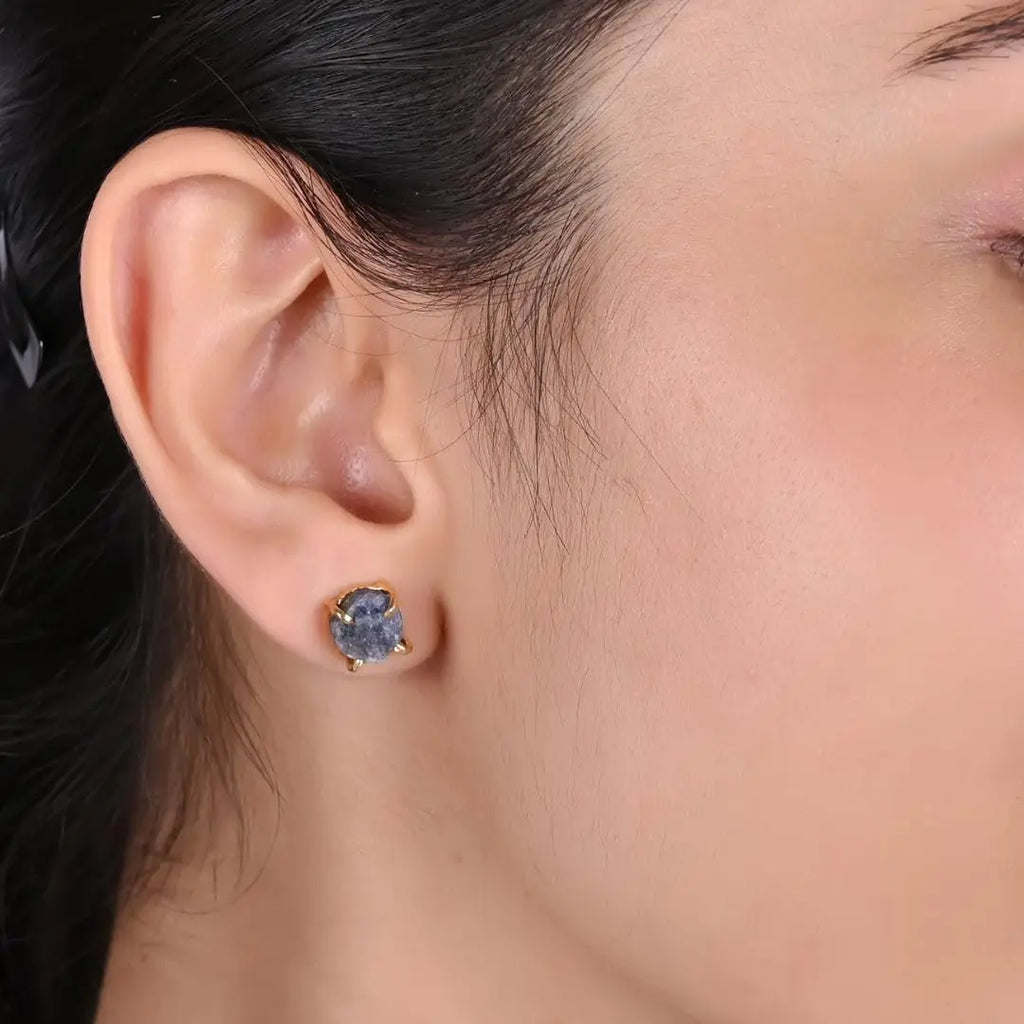 Raw Sapphire Stone Stud Earrings — Gold Plated Handmade Birthstone Jewelry for Women