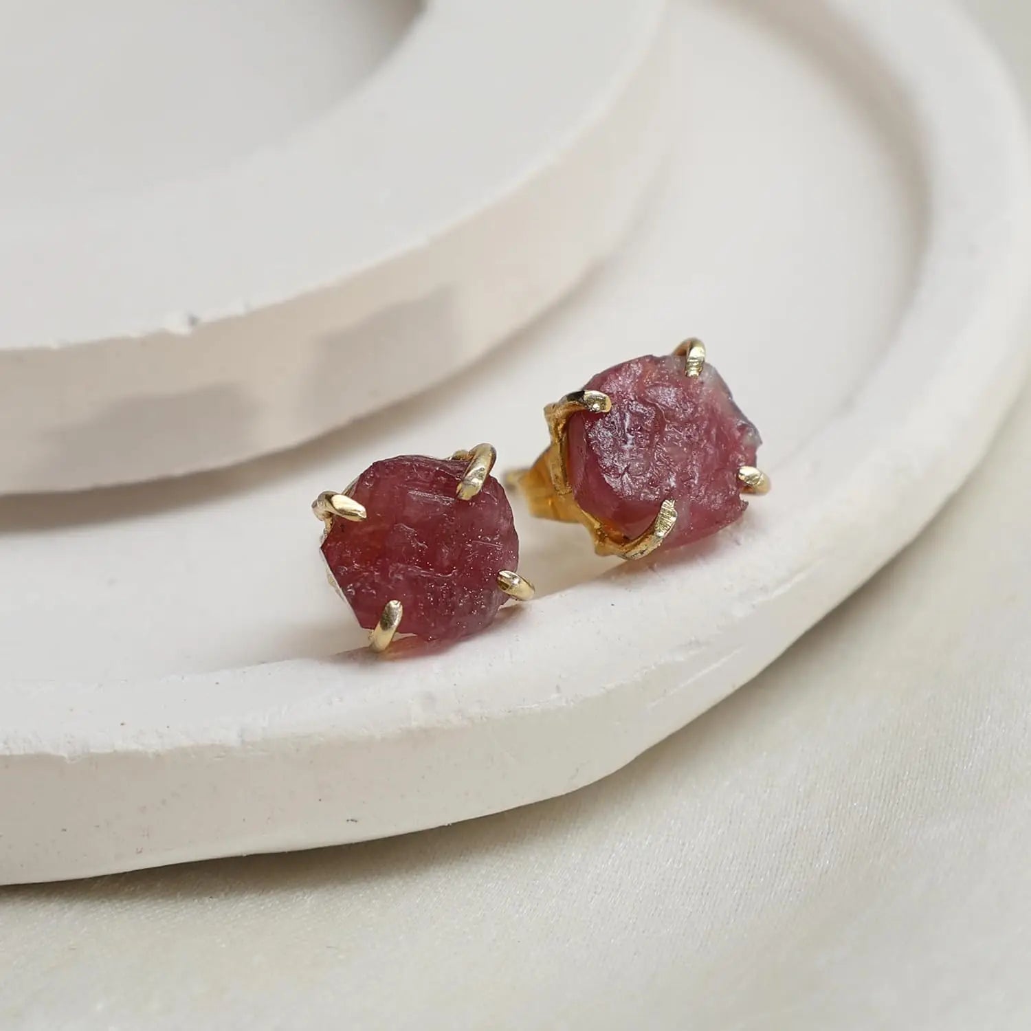 Raw Pink Tourmaline Stud Earrings — Gold Plated Handmade Birthstone Jewelry for Women