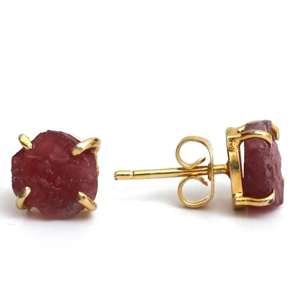 Raw Pink Tourmaline Stud Earrings — Gold Plated Handmade Birthstone Jewelry for Women