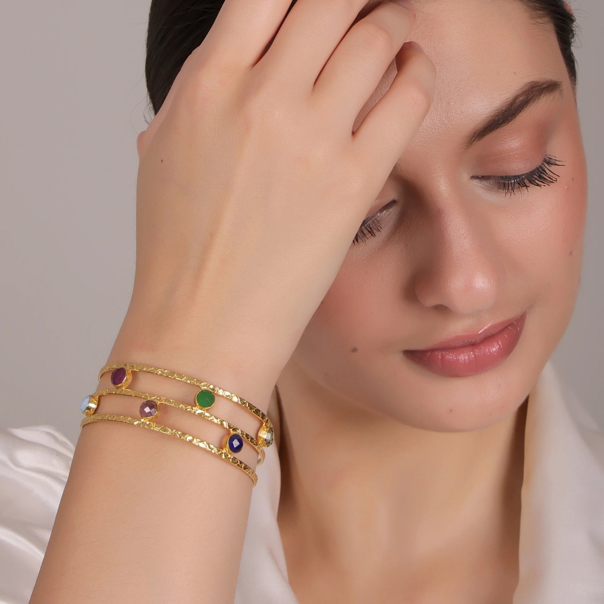 Multicolor Jade 18K Gold Plated Adjustable Cuff Bracelet | Handmade Brass Jewelry Women | Wedding Statement