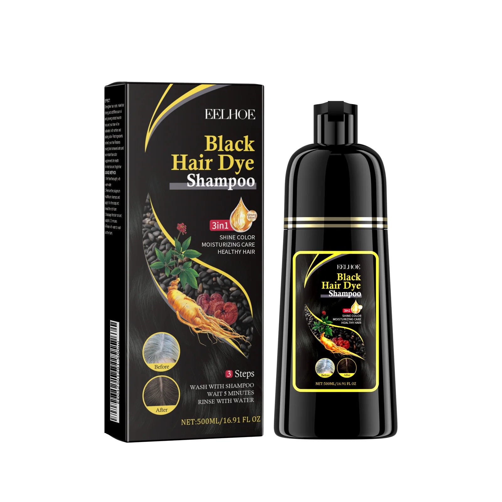 Champú para el cabello negro Eelhoe de 500ml, reparación de cabello seco y dañado, limpieza, nutre Polygonum Multiflorum Thunb, tinte para el cabello rápido a base de hierbas naturales