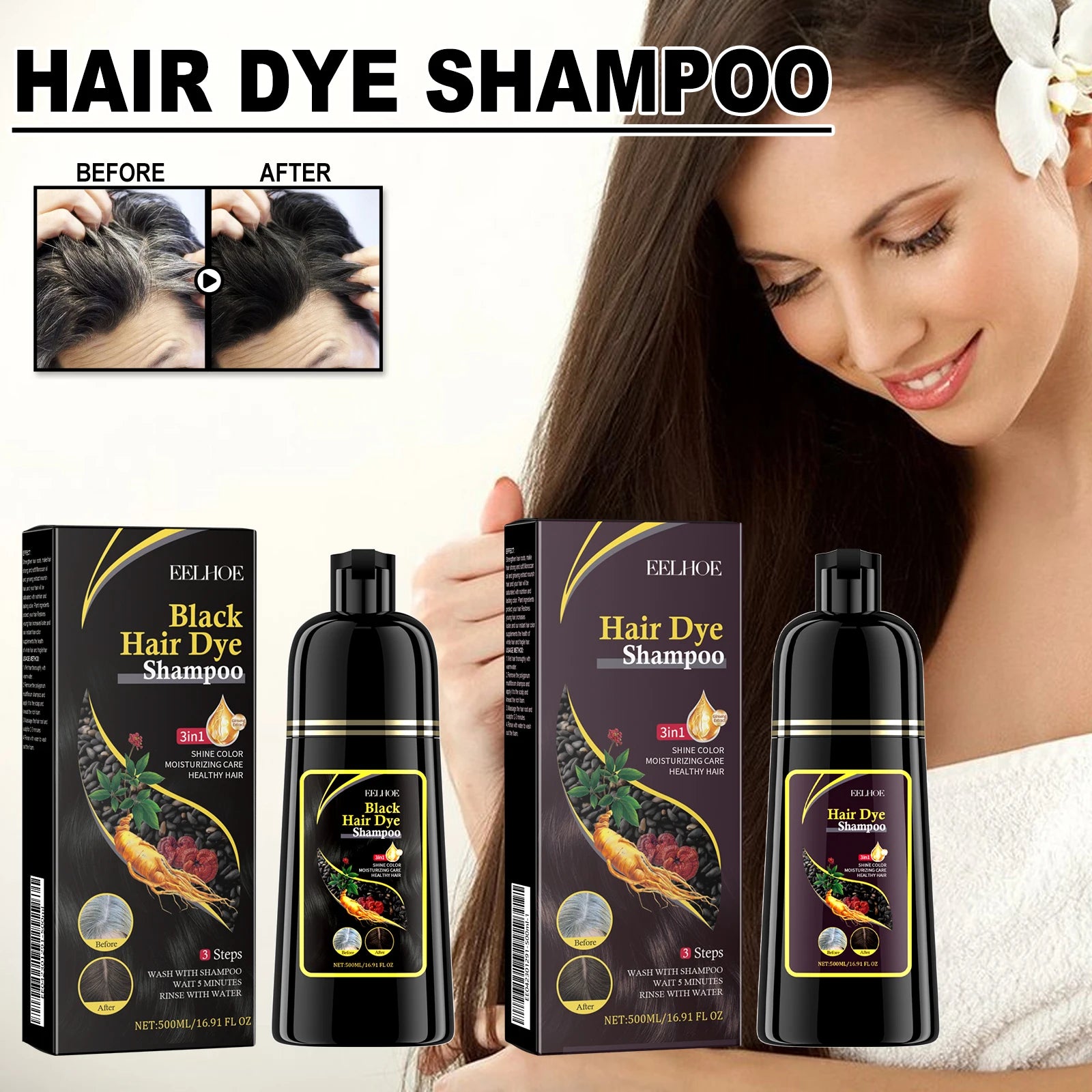 Champú para el cabello negro Eelhoe de 500ml, reparación de cabello seco y dañado, limpieza, nutre Polygonum Multiflorum Thunb, tinte para el cabello rápido a base de hierbas naturales