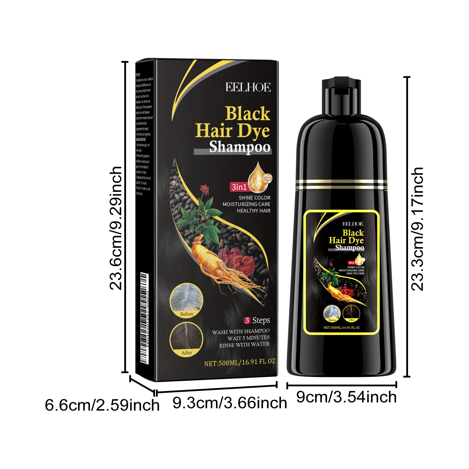 Champú para el cabello negro Eelhoe de 500ml, reparación de cabello seco y dañado, limpieza, nutre Polygonum Multiflorum Thunb, tinte para el cabello rápido a base de hierbas naturales