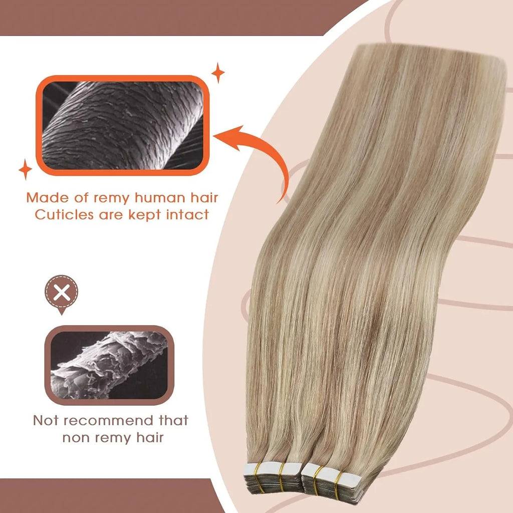 Extensiones de cabello con cinta Invisible, extensiones de cabello Remy Real para mujeres, postizos rectos de color rubio ceniza mezclado rubio platino