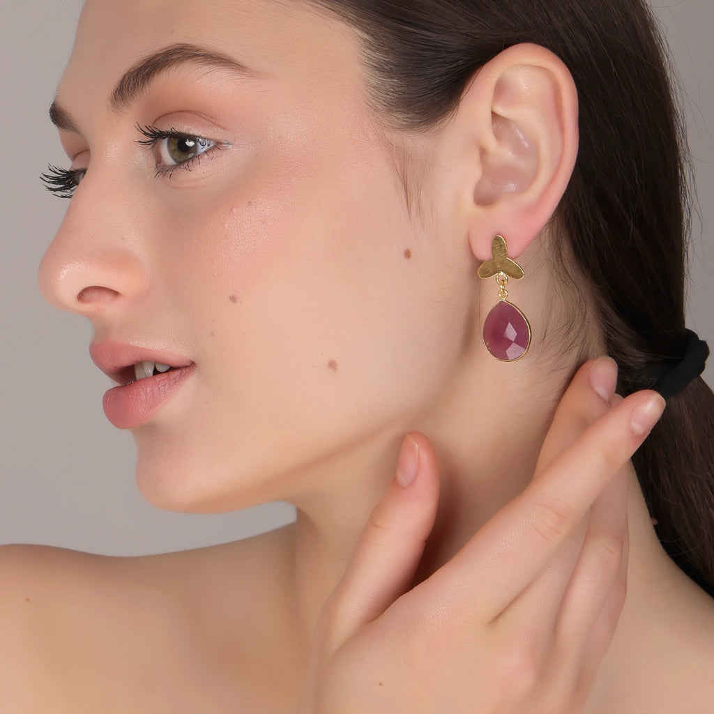 Handmade Dua Pink Jade Flower Pear Drop Earrings 18K Gold Plated Brass Trendy Elegant Natural Gemstone Women's Wedding Jewelry