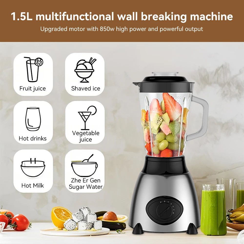 Licuadora de 1,5 l y 850W con cuchillas duales, trituradora de hielo multifuncional para pared, exprimidor de batidos para el hogar, cocina, bebidas y carnes