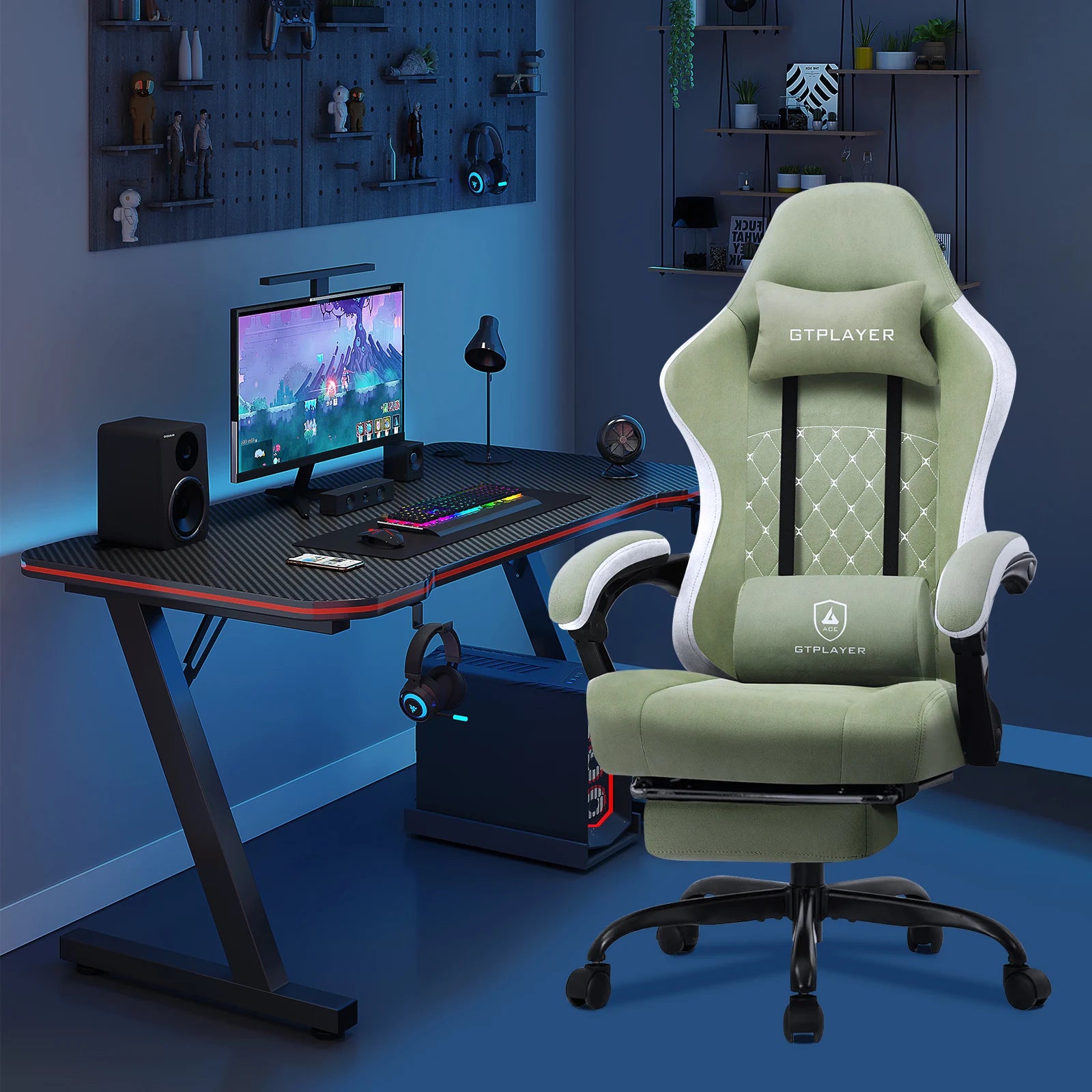 GTPLAYER-Silla de juegos de tela con reposapiés, silla de escritorio de computadora con cojín de resorte de bolsillo, silla ergonómica de oficina en casa