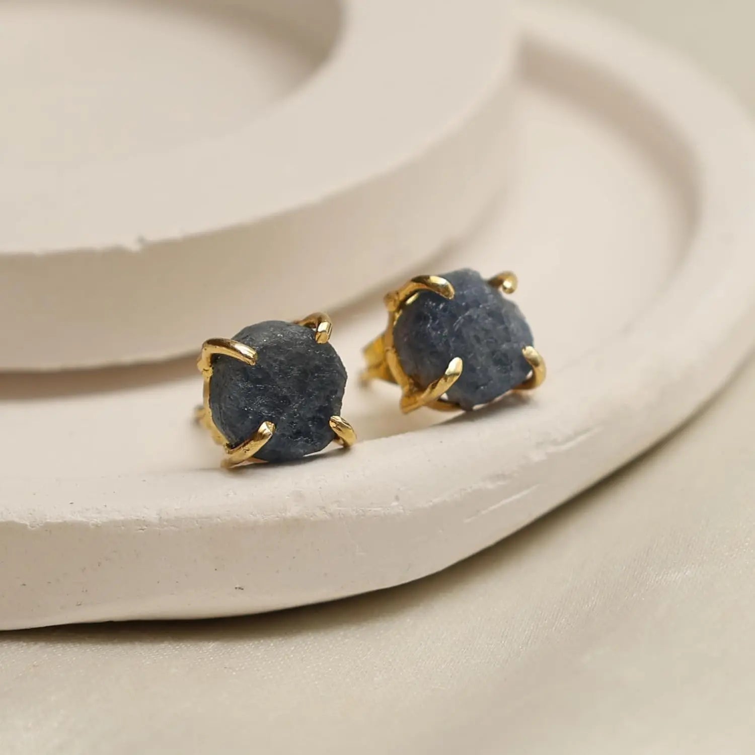 Raw Sapphire Stone Stud Earrings — Gold Plated Handmade Birthstone Jewelry for Women