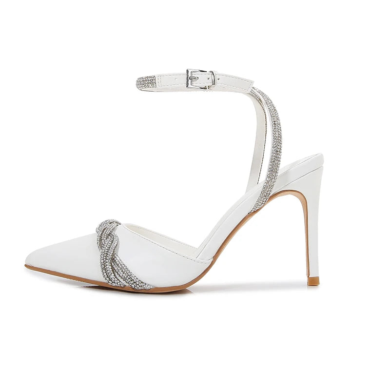 French Heels Sandals Pumps for Women PU Solid Summer Shoes with Pointy High Heels and Rhinestones Zapatos De Mujer