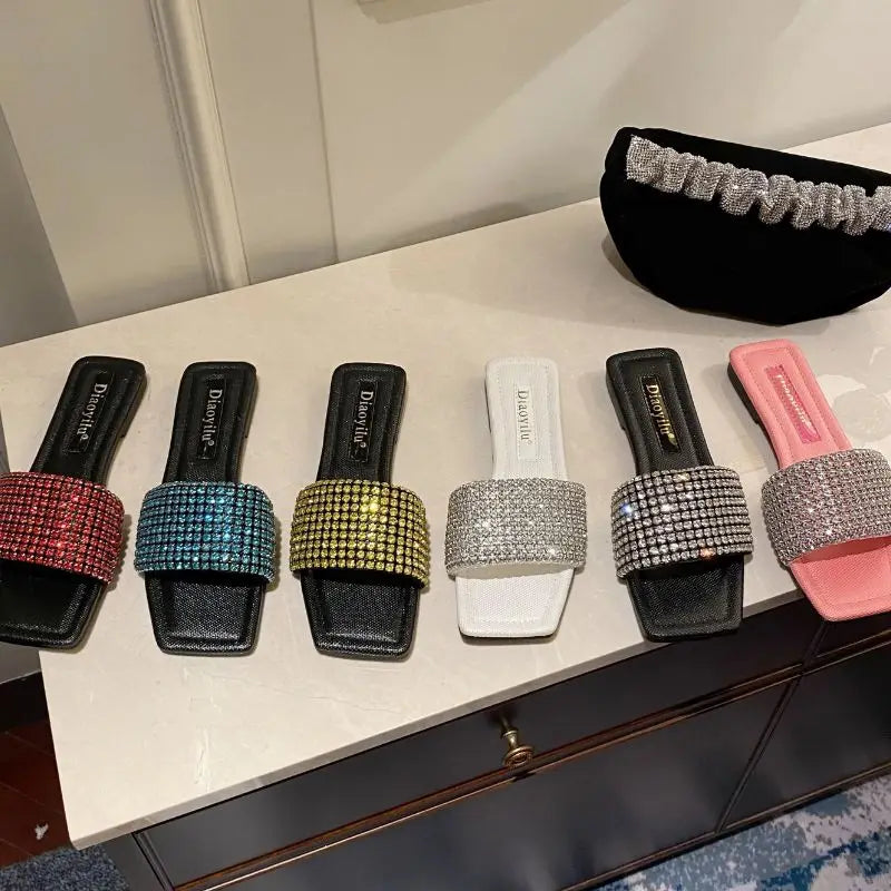 Diamond Sandalias Planas 2022 Luxury Rhinestone Women's Slippers for Women Lady Outdoor Flat Sandals
