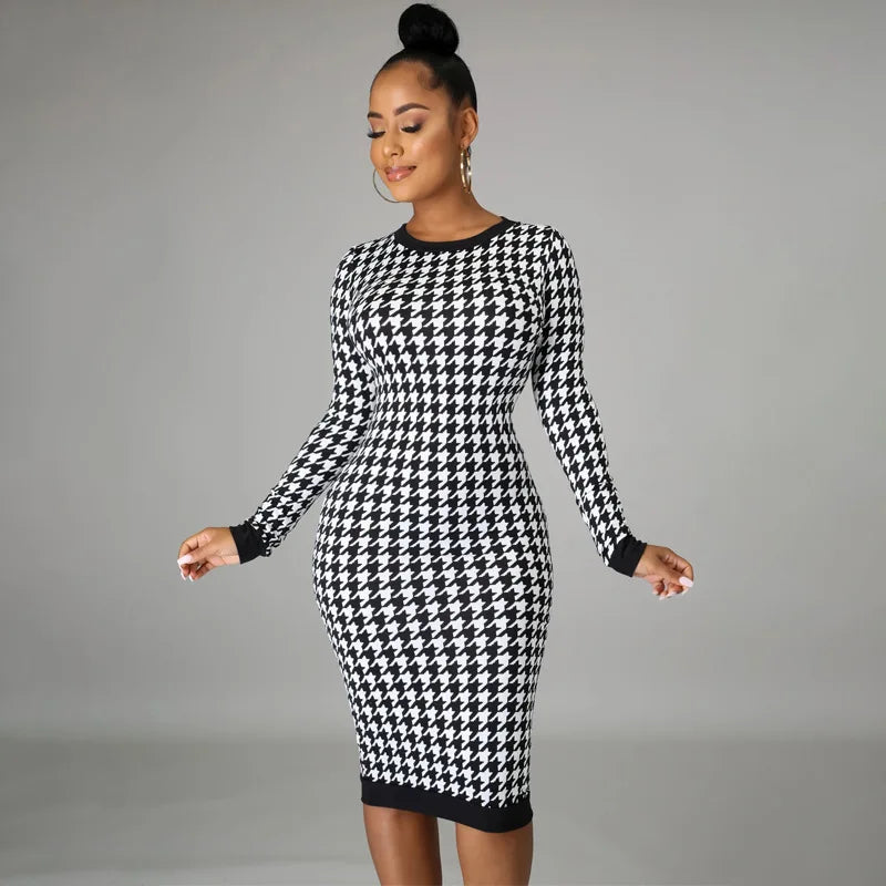 Vestido Midi de manga larga con estampado de pata de gallo para mujer, vestido ceñido calado, ropa de calle Sexy, elegante y ajustado para otoño e invierno 2022