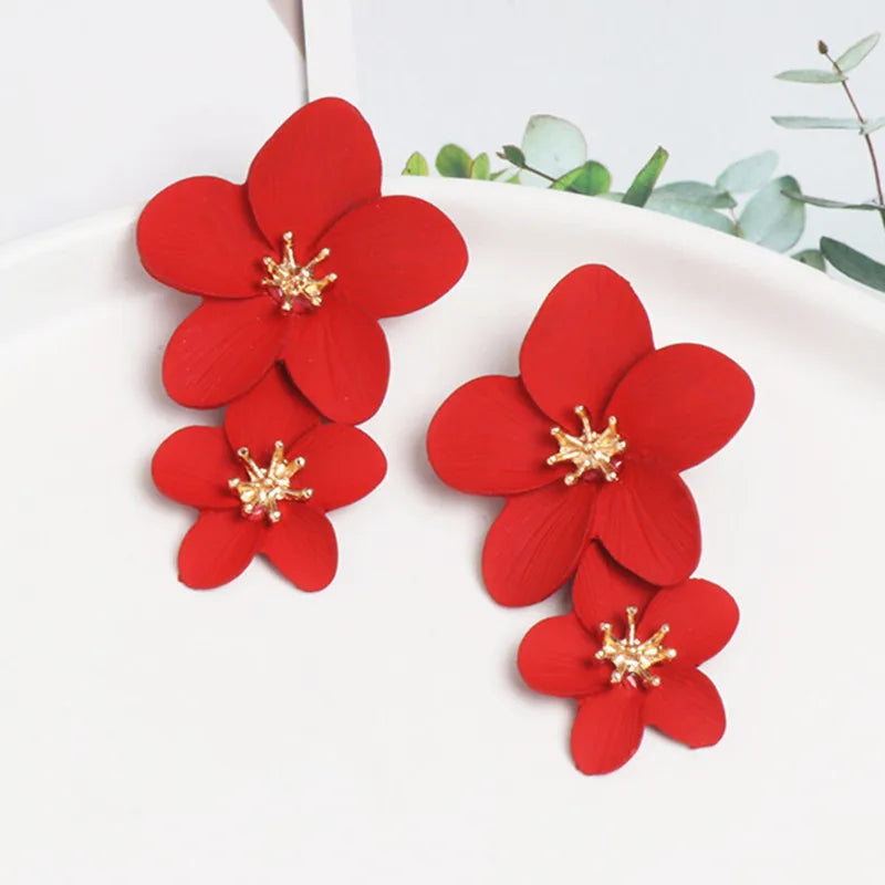 Pendientes coreanos grandes de doble flor para mujer, aretes llamativos de Metal para fiesta en la playa, joyería bohemia de moda, regalo para niña
