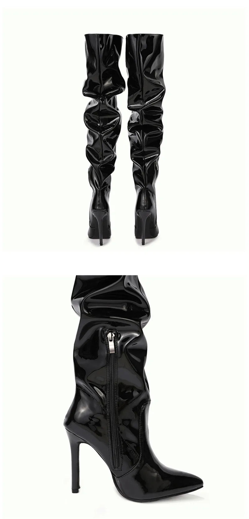 Eilyken-Botas por encima de la rodilla plisadas de charol para mujer, zapatos hasta el muslo con cremallera y punta estrecha, a la moda, alta calidad