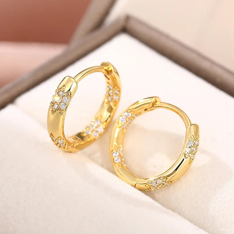 E3838 Gold Hoop Earrings Women's Classic Flower Design Zircon Stone Alloy Jewelry Round Brilliant Cut Claw Setting