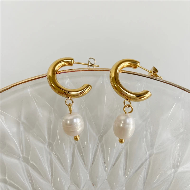 Joolim Real Pearl Hoop Earrings — Stainless Steel Elegant Party Jewelry