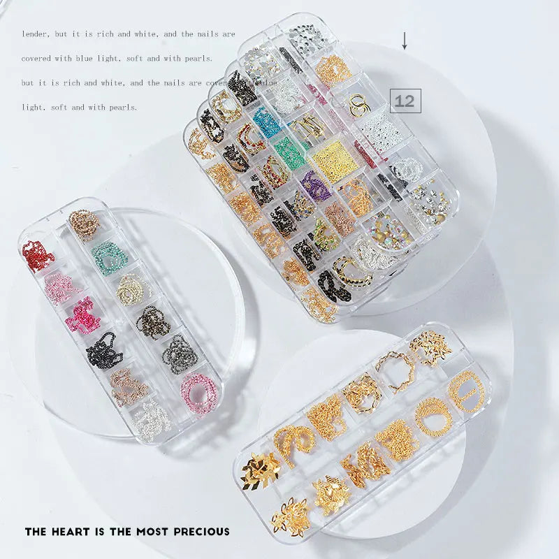 Misscheering-cadena de uñas de estilo mixto, 12 rejillas, joyería para decoración artística DIY, accesorios de uñas de Metal a la moda para diseño de manicura