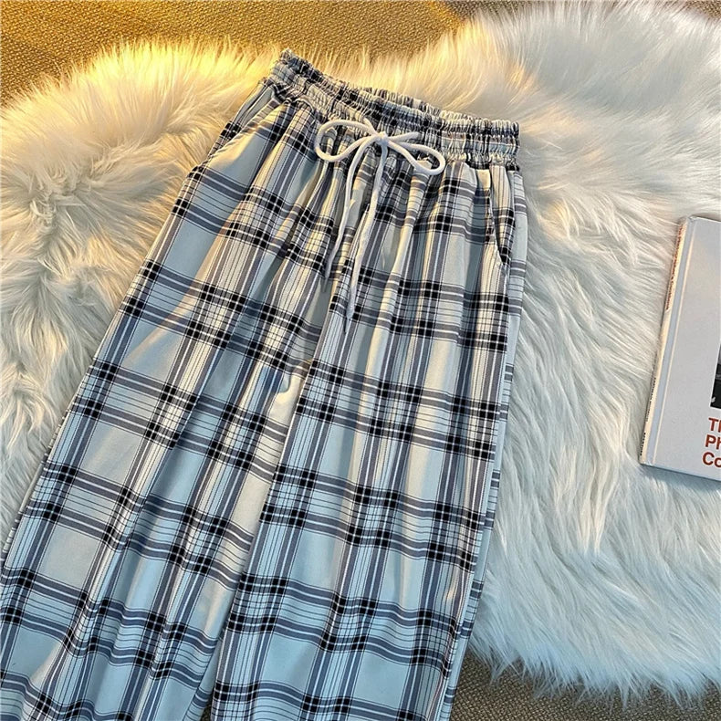 Pantalones Mujer nuevo montón de pies moda suelta negro a cuadros verano Harajuku estudiantes ropa de calle Harem pantalones largos mujer Chic