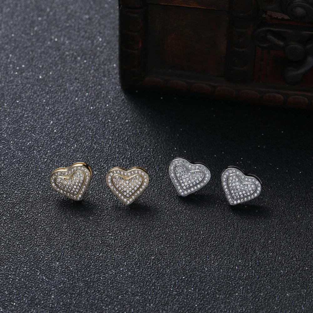AceWings CZ Heart Shape Stud Earrings — Gold Plated Iced Out Hip Hop Jewelry