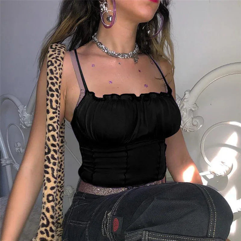 Camiseta sin mangas con volantes para mujer, Top Sexy a la moda para mujer, Top corto ajustado fruncido sin tirantes, camisola, ropa femenina 2022