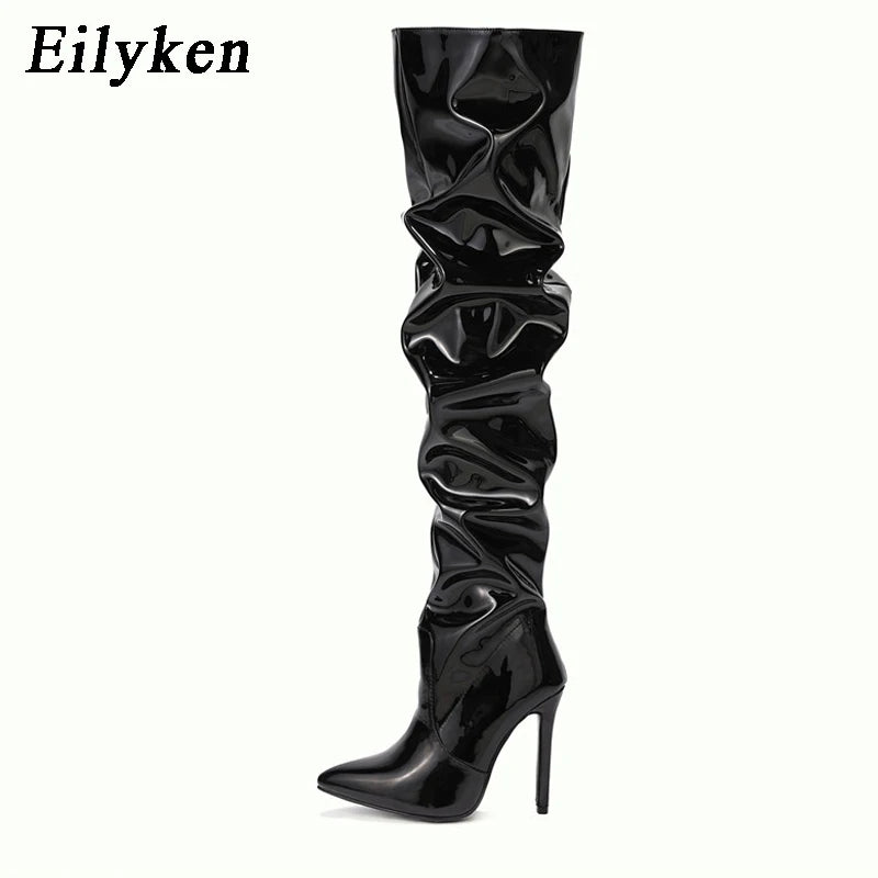 Eilyken-Botas por encima de la rodilla plisadas de charol para mujer, zapatos hasta el muslo con cremallera y punta estrecha, a la moda, alta calidad