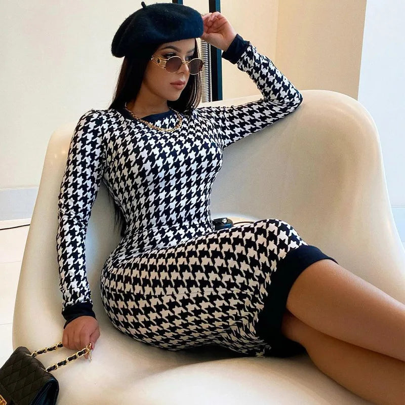 Vestido Midi de manga larga con estampado de pata de gallo para mujer, vestido ceñido calado, ropa de calle Sexy, elegante y ajustado para otoño e invierno 2022