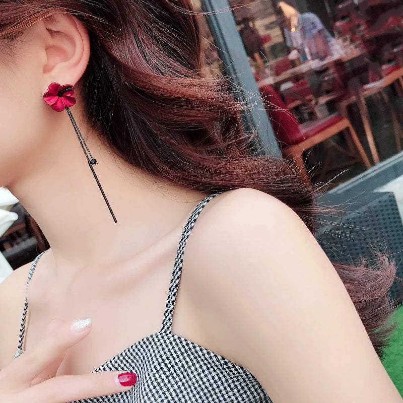 Pendientes clásicos Retro con borlas de flores rojas y vino para mujer, colgante largo con temperamento, joyería de estilo coreano