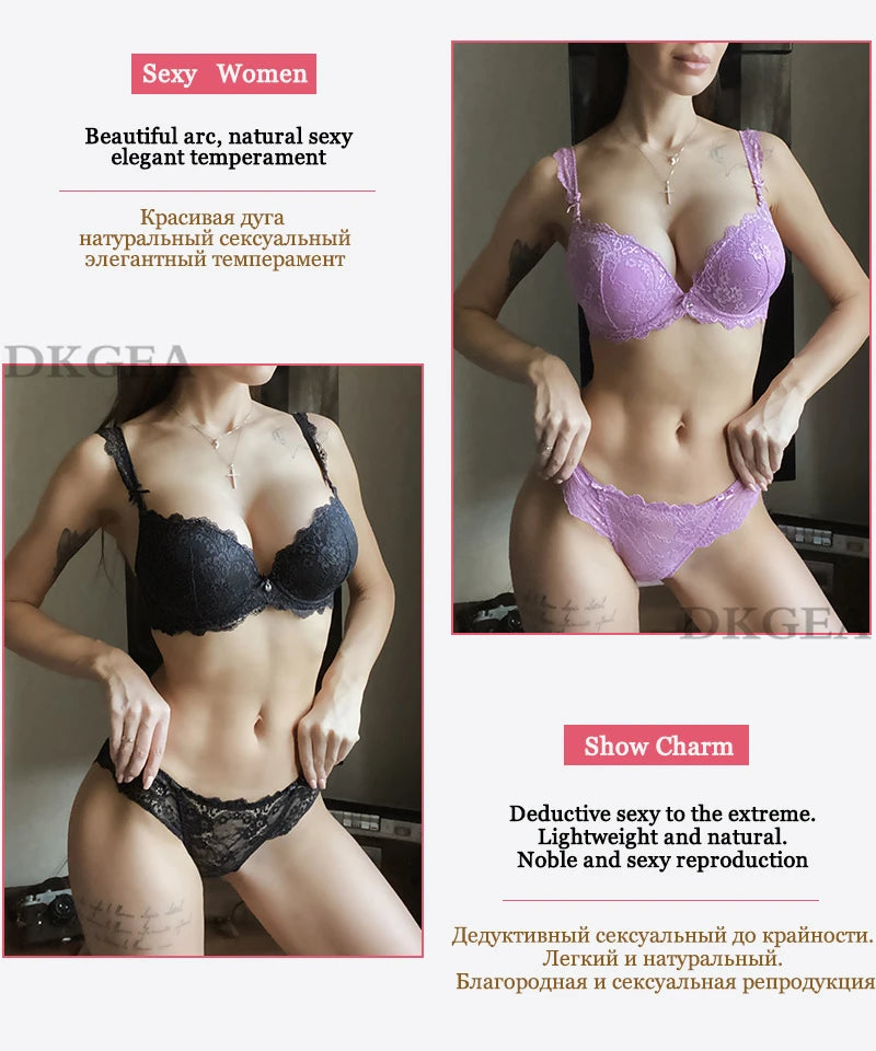 Sujetador de realce con escote en V profundo para mujer, conjunto de ropa interior Sexy, Copa gruesa de encaje, lencería cómoda de marca de alta calidad