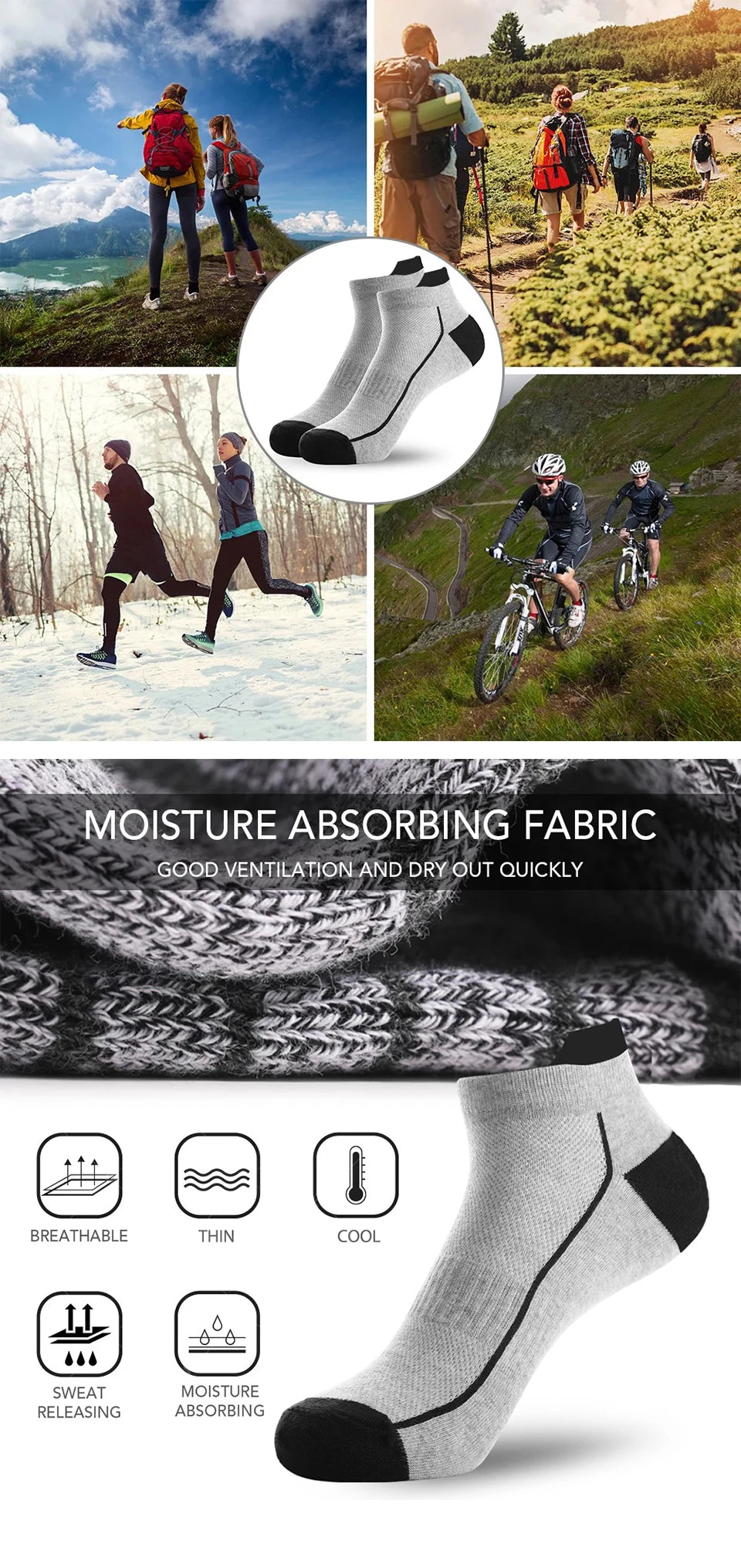 5 pares de calcetines de algodón orgánico para hombre, calcetines tobilleros de malla fina de punto, calcetines cortos transpirables de secado rápido para fitness de verano para ciclismo de talla grande