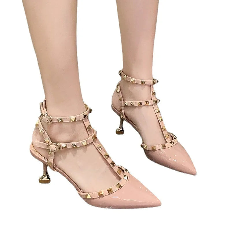 2026 Rivet High Heel Pumps Pointed Toe Sexy Shoes Sandals for Women Summer Outdoor Patent Leather