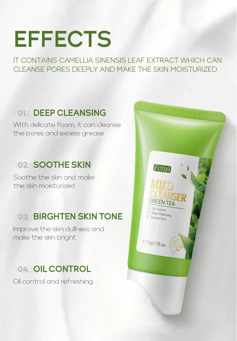Limpiador Facial de té verde, 50g, plantas naturales, limpieza profunda, Control de aceite, hidratante, ilumina, suaviza la piel, espuma densa, cuidado de la piel