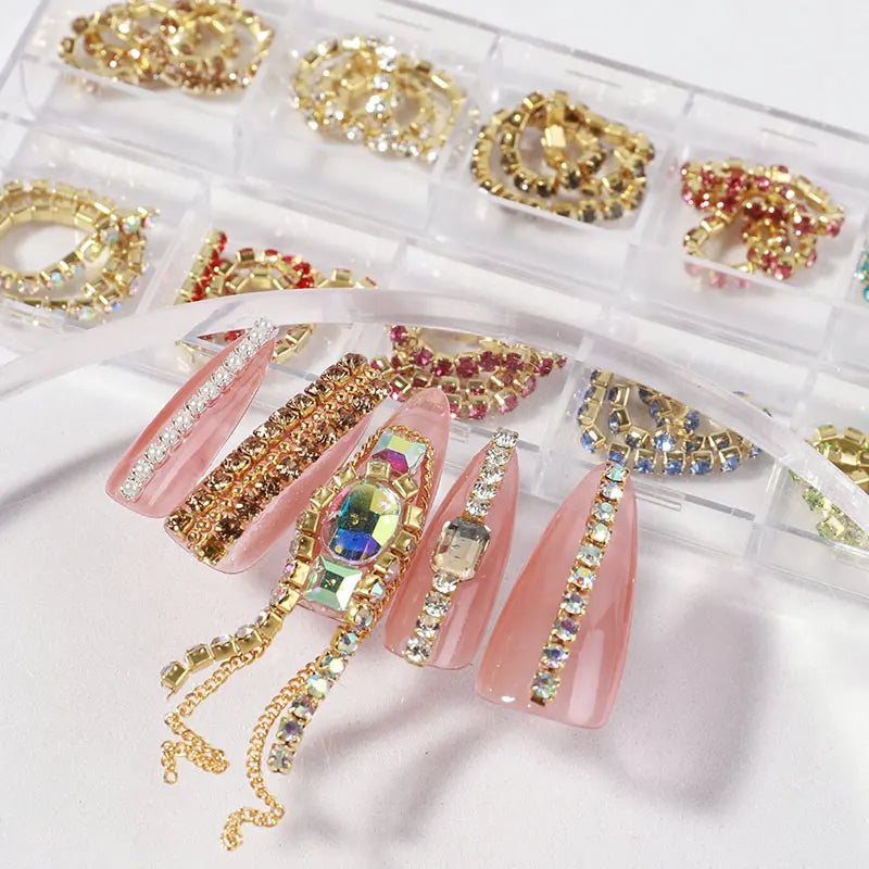 Misscheering-cadena de uñas de estilo mixto, 12 rejillas, joyería para decoración artística DIY, accesorios de uñas de Metal a la moda para diseño de manicura