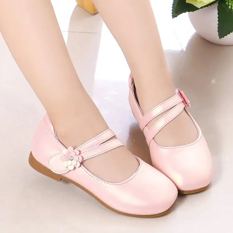 Zapatos de princesa para niñas, zapatos de cuero para niñas medianas y grandes, zapatos planos informales con flores florales para espectáculo de cumpleaños y bodas