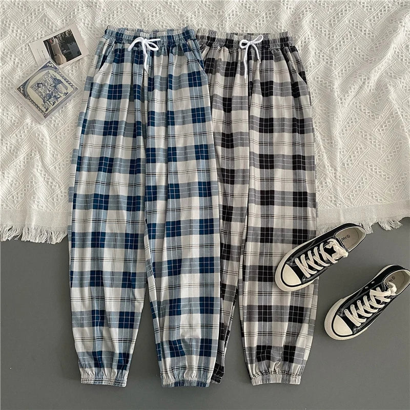 Pantalones Mujer nuevo montón de pies moda suelta negro a cuadros verano Harajuku estudiantes ropa de calle Harem pantalones largos mujer Chic