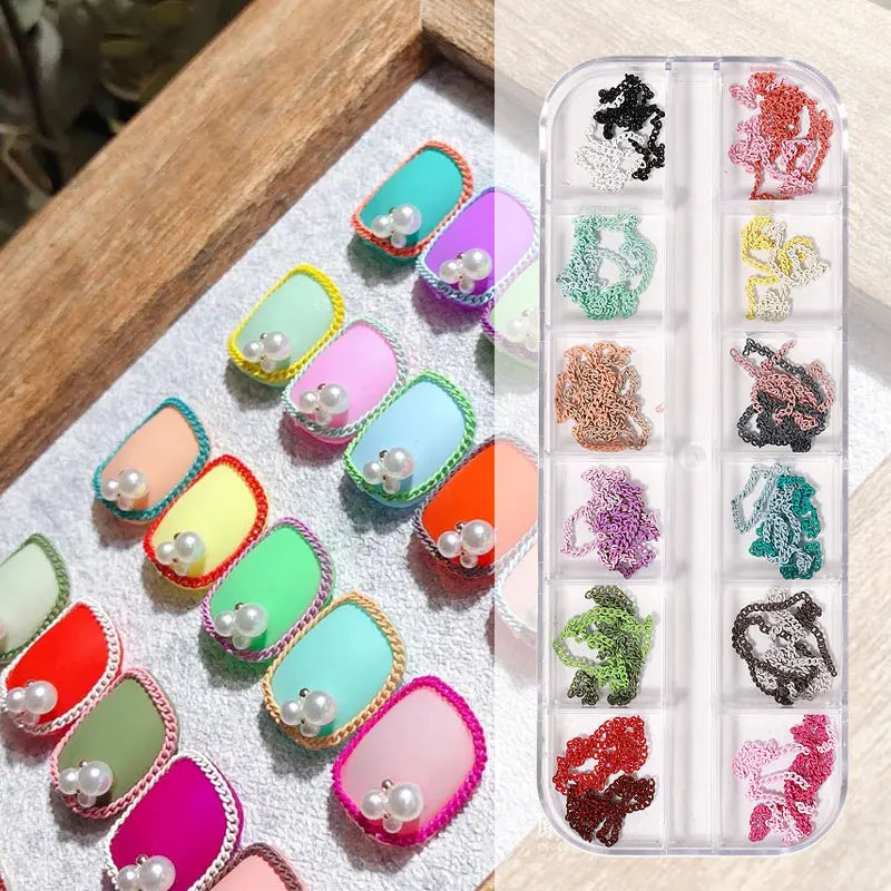 Misscheering-cadena de uñas de estilo mixto, 12 rejillas, joyería para decoración artística DIY, accesorios de uñas de Metal a la moda para diseño de manicura