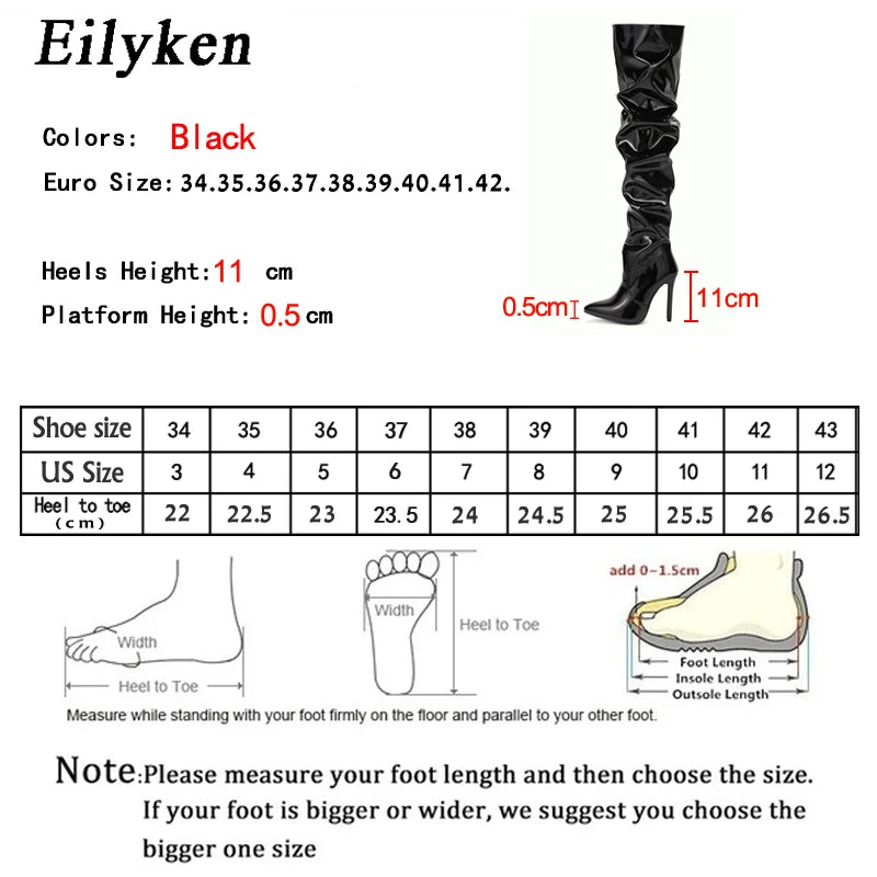 Eilyken-Botas por encima de la rodilla plisadas de charol para mujer, zapatos hasta el muslo con cremallera y punta estrecha, a la moda, alta calidad