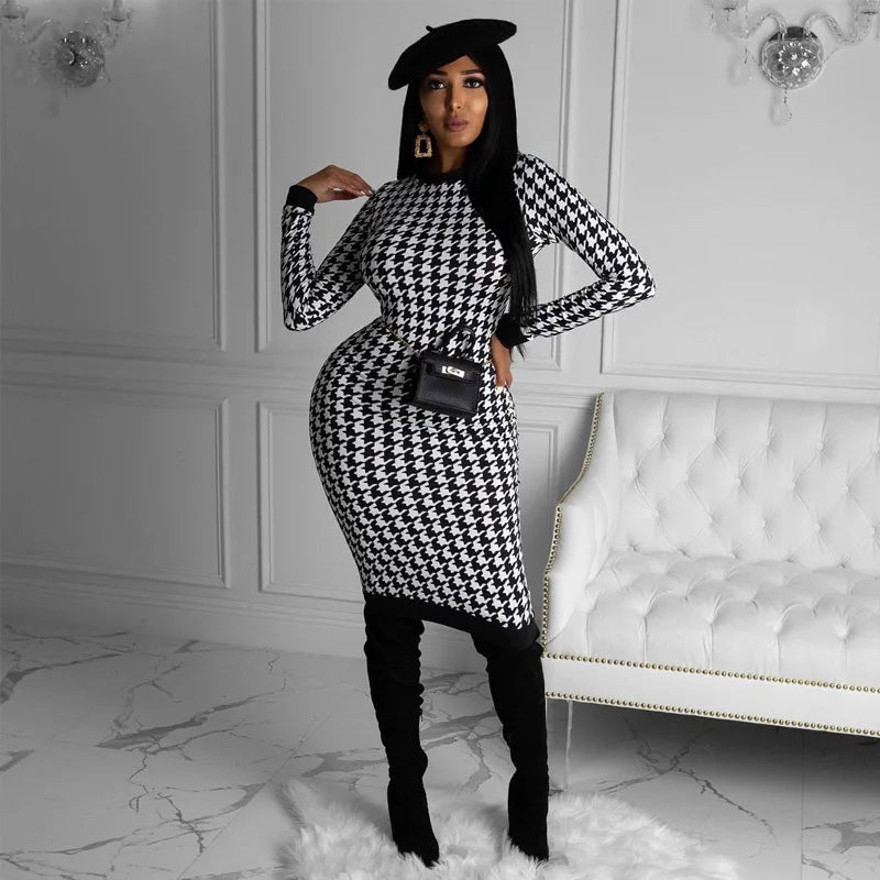 Vestido Midi de manga larga con estampado de pata de gallo para mujer, vestido ceñido calado, ropa de calle Sexy, elegante y ajustado para otoño e invierno 2022