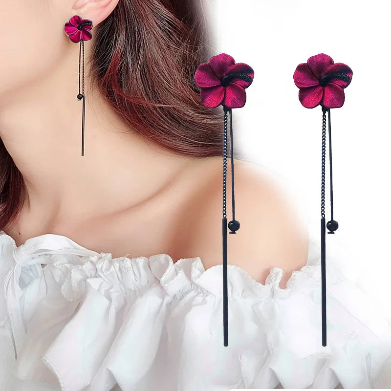 Pendientes clásicos Retro con borlas de flores rojas y vino para mujer, colgante largo con temperamento, joyería de estilo coreano