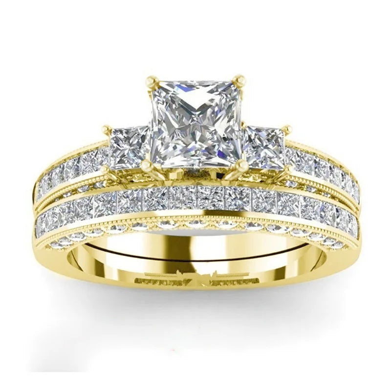H444 Princess Cut Diamond Engagement Ring Yellow Gold Women's Natural Diamond D Color 3 Stone Band with 3 Side Stones