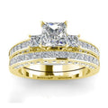 H444 Princess Cut Diamond Engagement Ring Yellow Gold Women's Natural Diamond D Color 3 Stone Band with 3 Side Stones