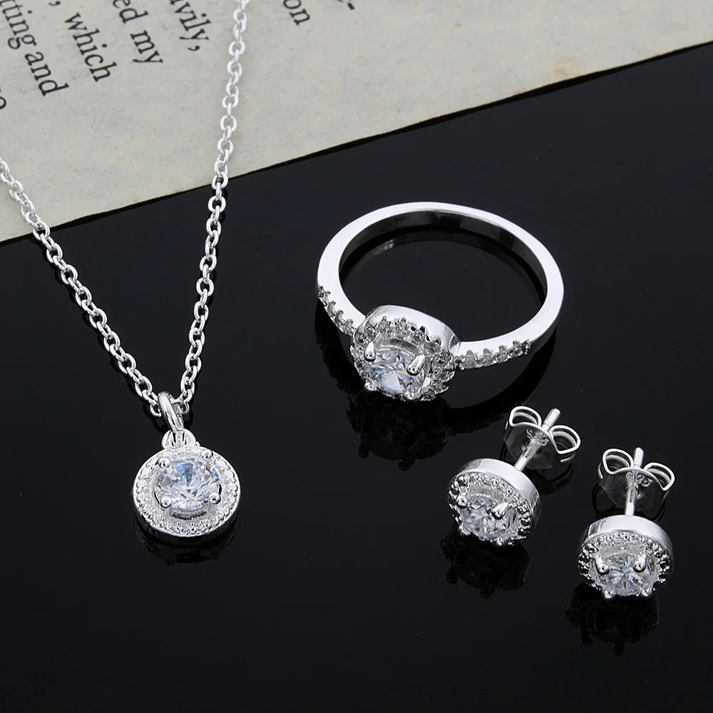 Plata de Ley 925, bonito regalo de Navidad sólido, moda noble, elegante, mujer, cristal brillante CZ, collar, pendiente, anillo, conjunto de joyería