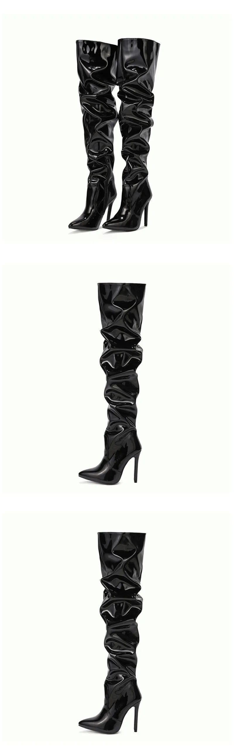 Eilyken-Botas por encima de la rodilla plisadas de charol para mujer, zapatos hasta el muslo con cremallera y punta estrecha, a la moda, alta calidad