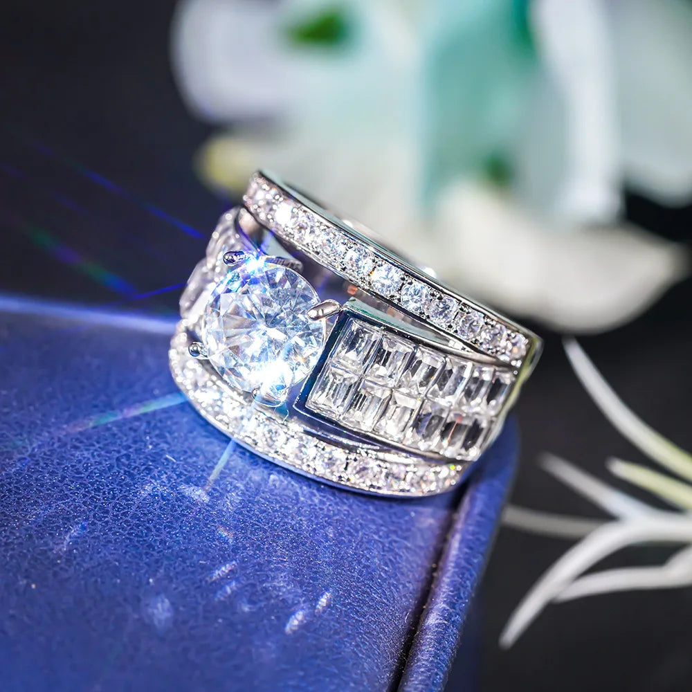 T0408 Diamond Ring Women's Round Brilliant Cut Natural Diamond Baguette Side Stones Classic Engagement Style