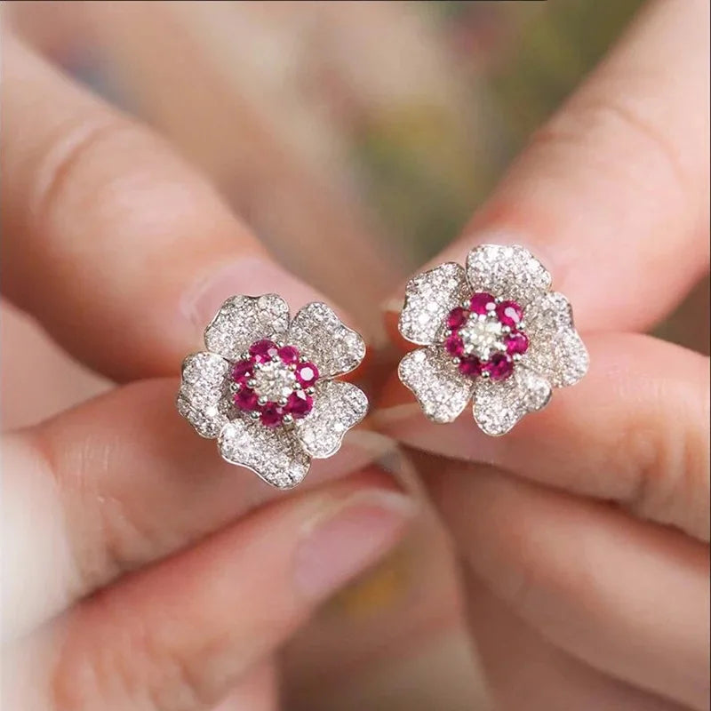 E3307 Green Flower Stud Earrings Women's Luxury Fine Jewelry Claw Setting Main Stone Green
