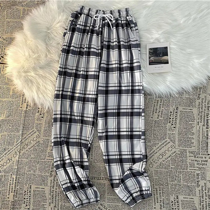 Pantalones Mujer nuevo montón de pies moda suelta negro a cuadros verano Harajuku estudiantes ropa de calle Harem pantalones largos mujer Chic