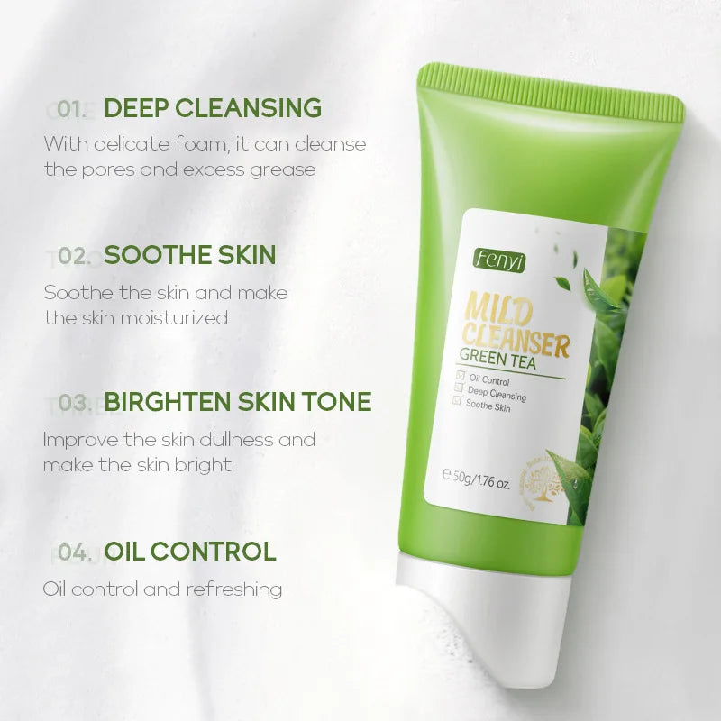 Limpiador Facial de té verde, 50g, plantas naturales, limpieza profunda, Control de aceite, hidratante, ilumina, suaviza la piel, espuma densa, cuidado de la piel