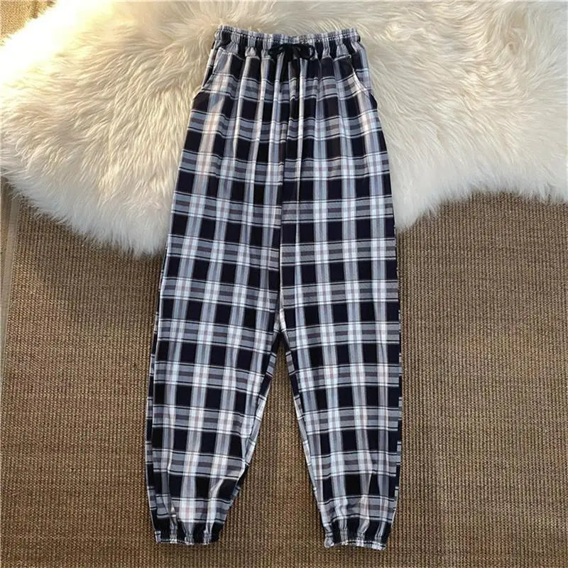 Pantalones Mujer nuevo montón de pies moda suelta negro a cuadros verano Harajuku estudiantes ropa de calle Harem pantalones largos mujer Chic