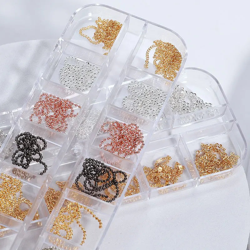 Misscheering-cadena de uñas de estilo mixto, 12 rejillas, joyería para decoración artística DIY, accesorios de uñas de Metal a la moda para diseño de manicura